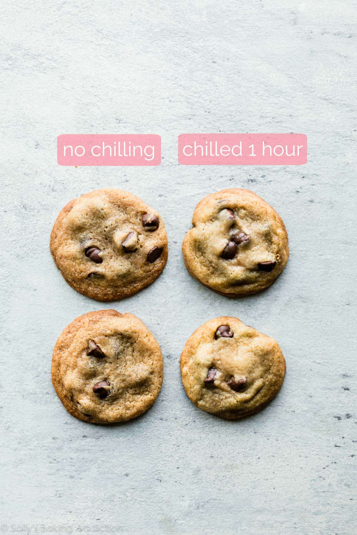 4 chocolate chip cookies showing the difference between not chilling and chilling the cookie dough
