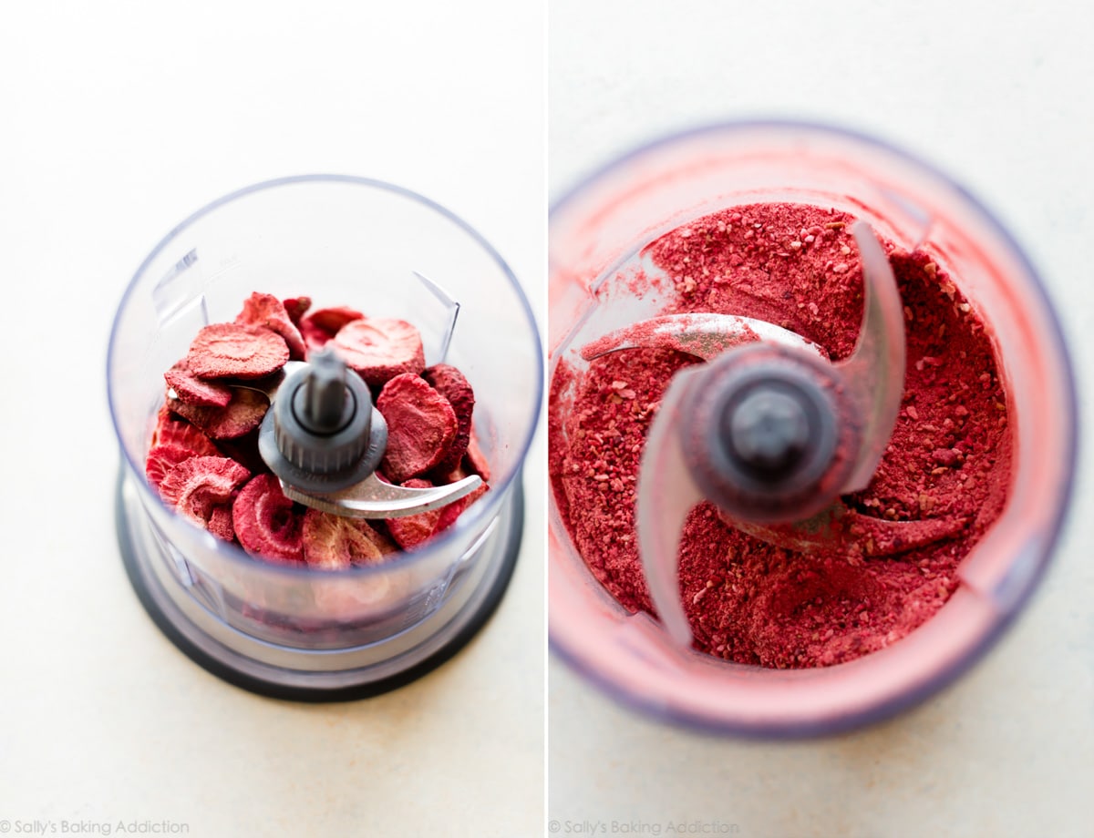2 images of freeze-dried strawberries ground into powder in a small food processor