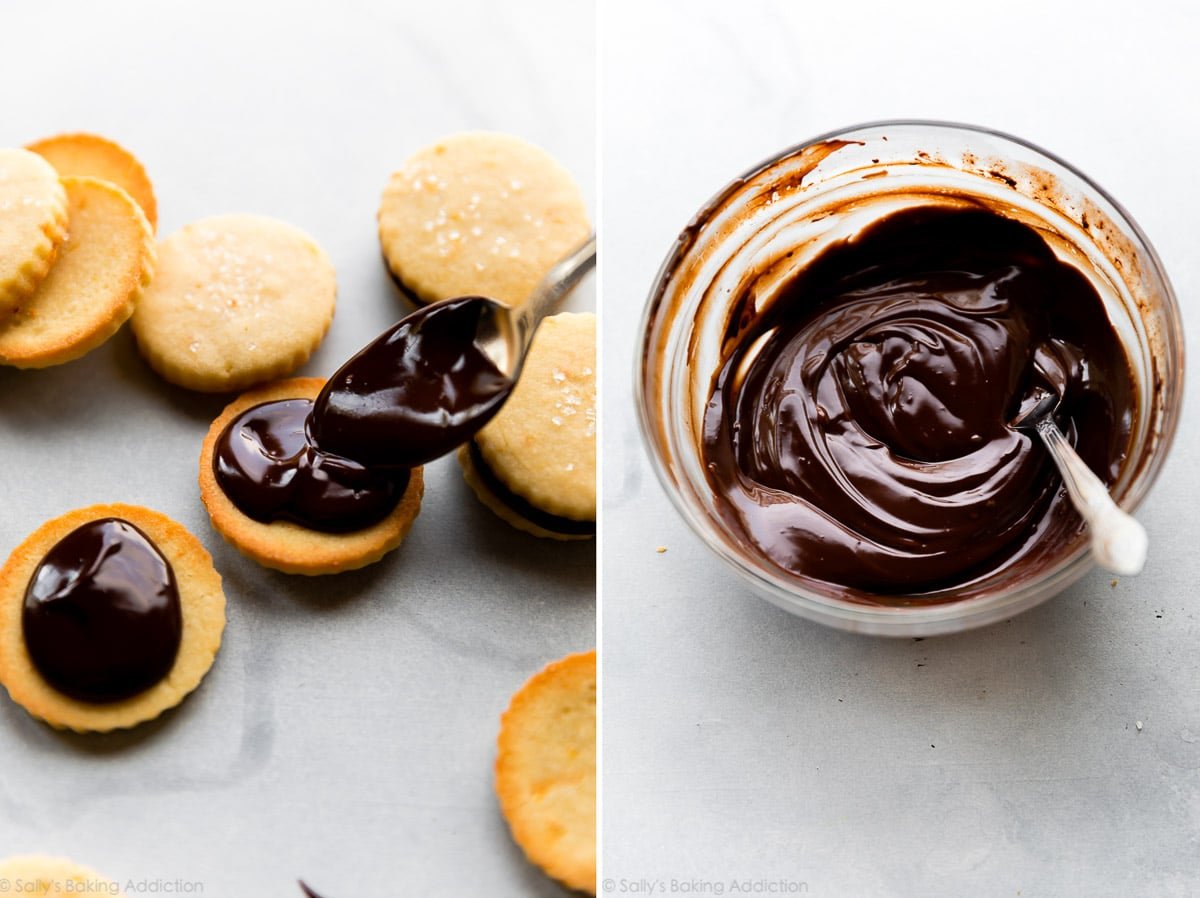 2 images of assembling orange butter cookies with chocolate ganache filling and chocolate ganache in a bowl