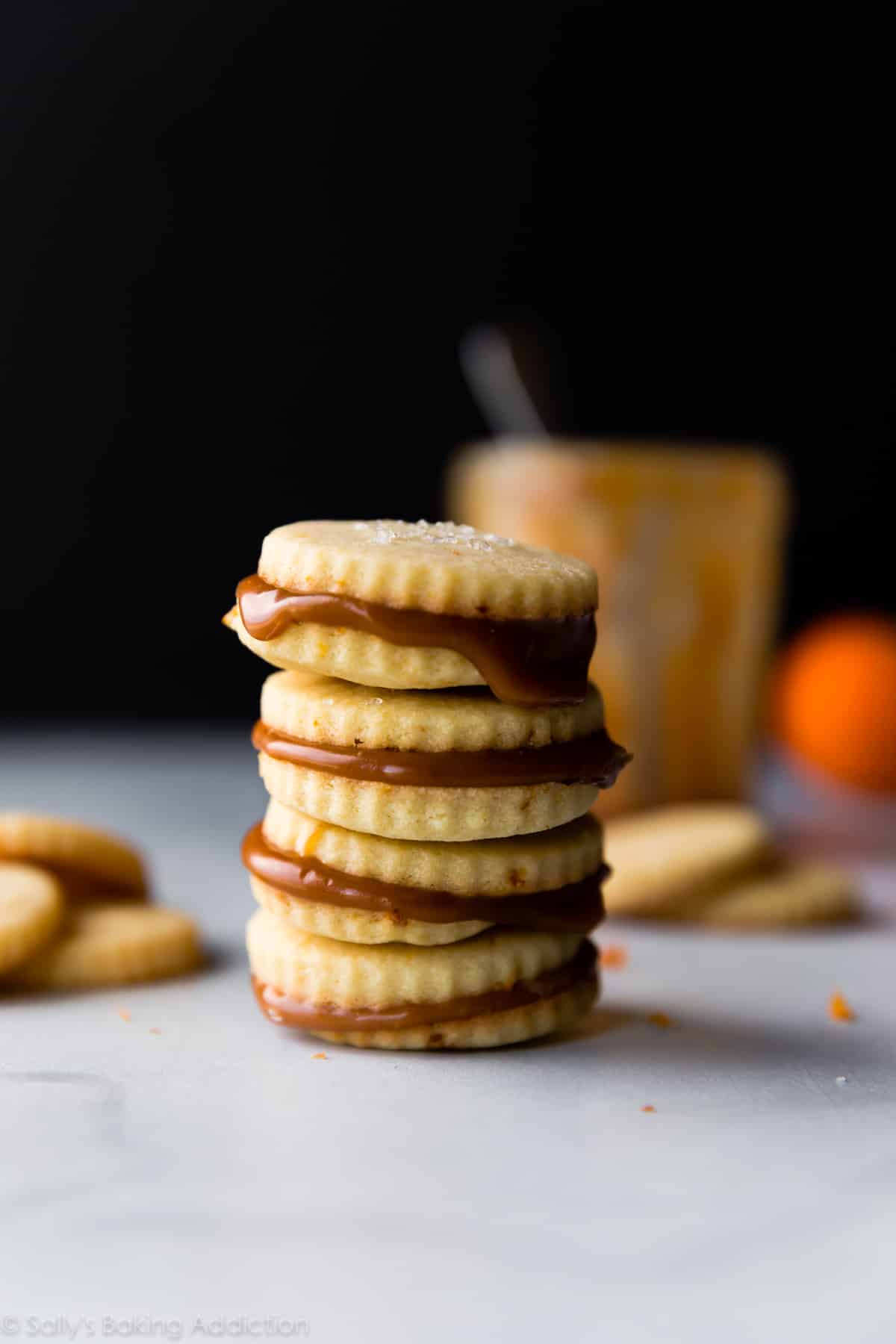 stack of butter cookie sandwiches with caramel filling