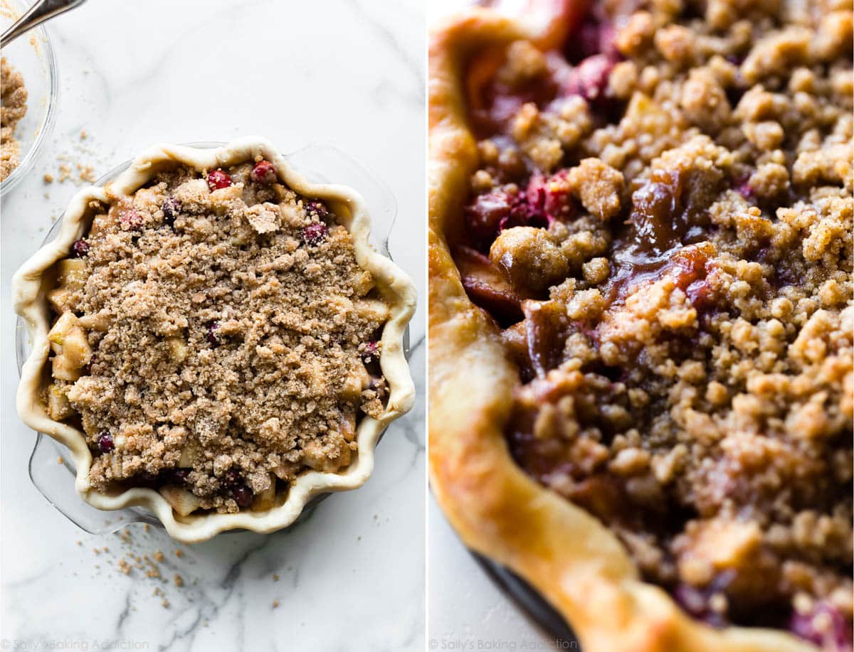 2 images of brown sugar crumble topping for cranberry pear pie