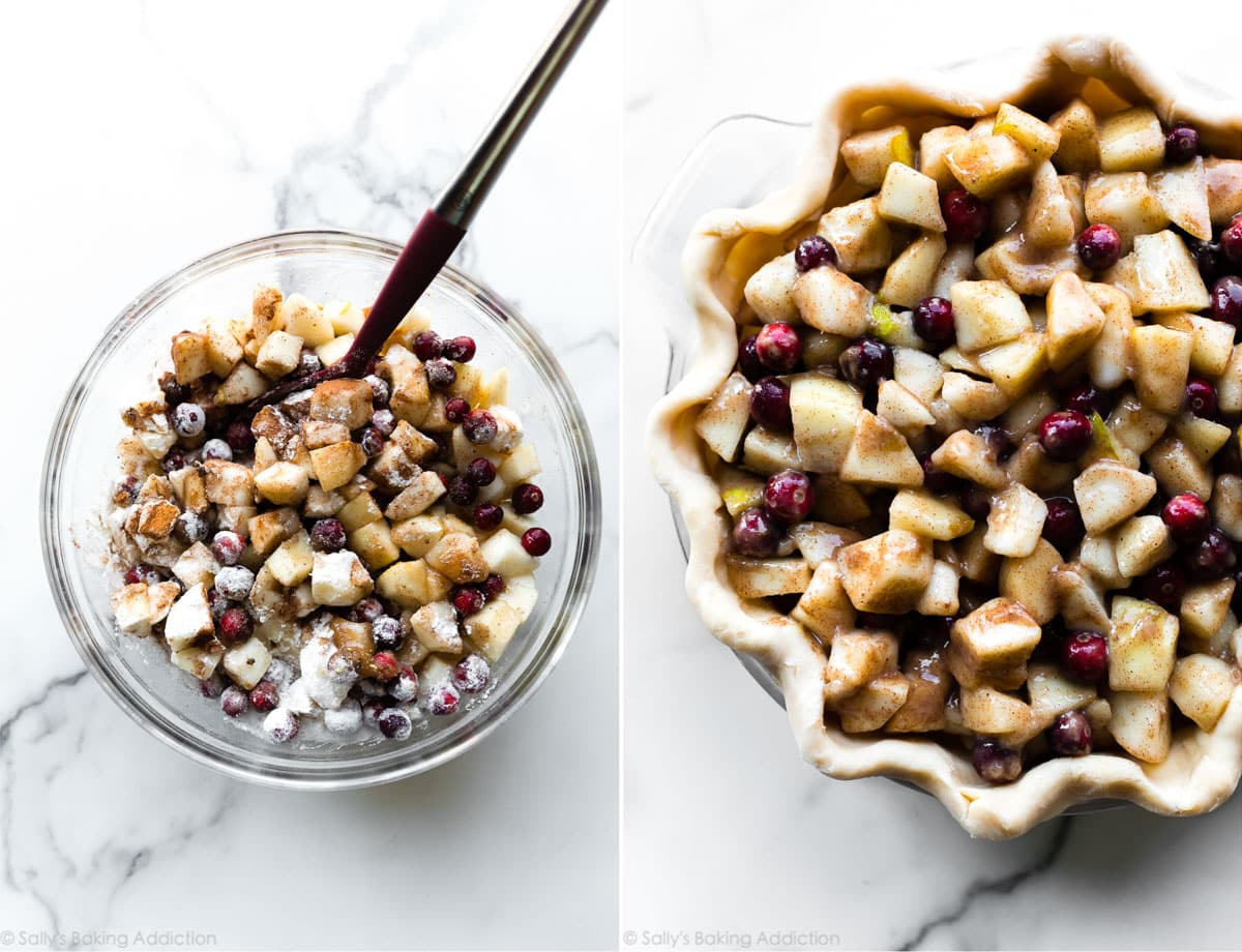 2 images of cranberry pear pie filling in a glass bowl and in pie crust