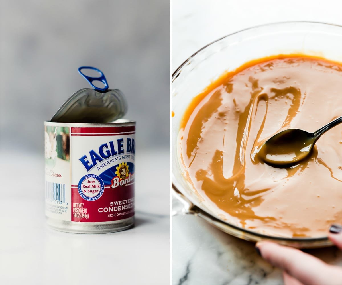 2 images of can of sweetened condensed milk and dulce de leche in a glass bowl