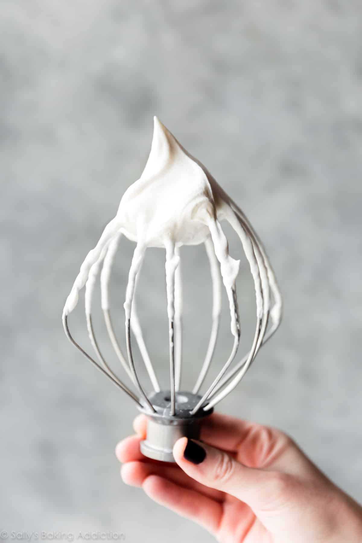 hand holding whisk attachment with whipped cream