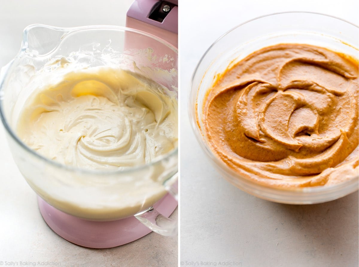 2 images of cheesecake batter in a glass bowl and pumpkin batter in a glass bowl