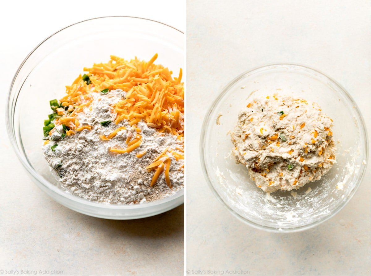 2 images of jalapeño cheddar bread ingredients in a glass bowl and the ingredients mixed together