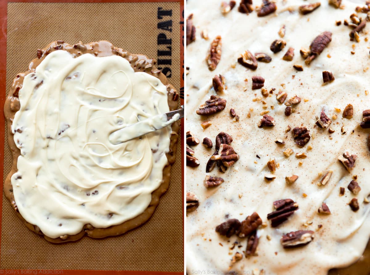Spreading white chocolate on pumpkin spice toffee and a zoomed in image of white chocolate topping