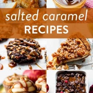 collage of salted caramel recipes pictures including chocolate bread pudding with caramel on top, caramel apple scones, jar of caramel sauce, and a caramel apple cupcake.