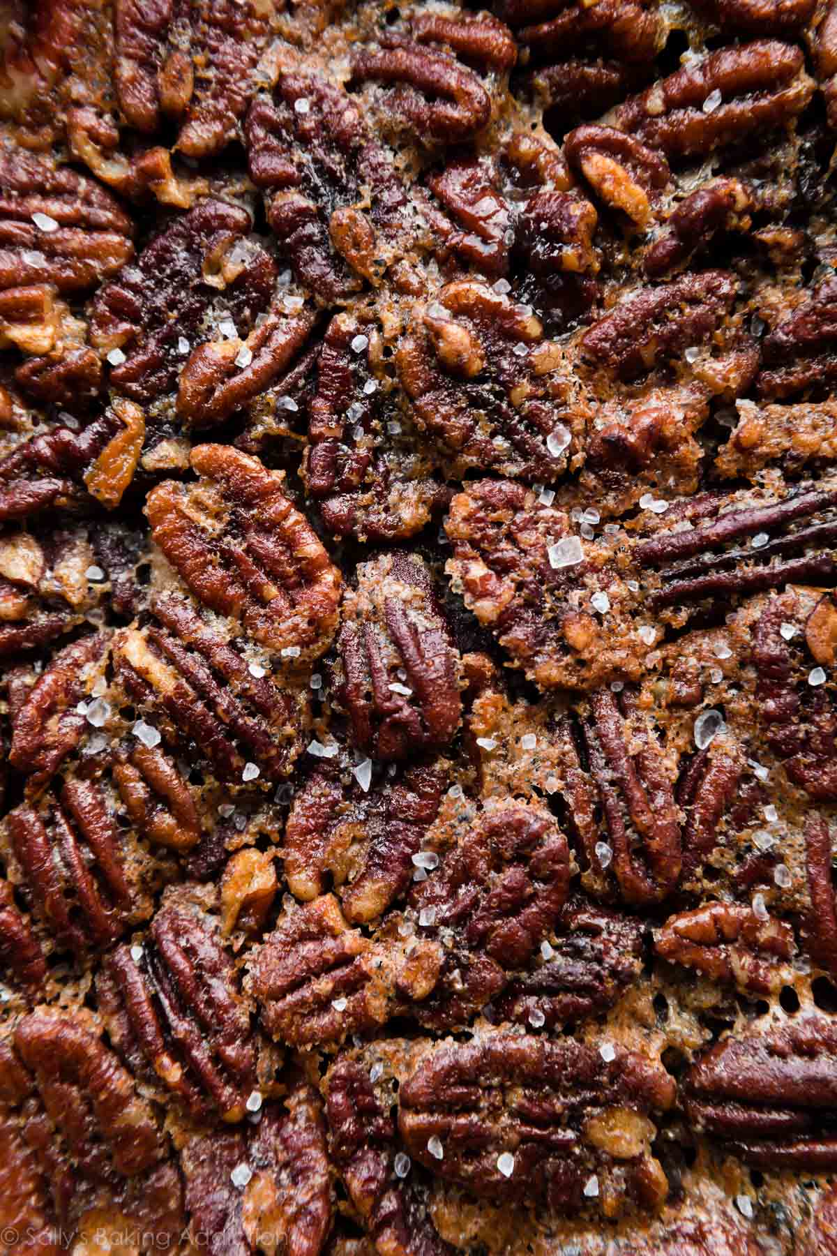 zoomed in image of maple pecan pie filling after baking