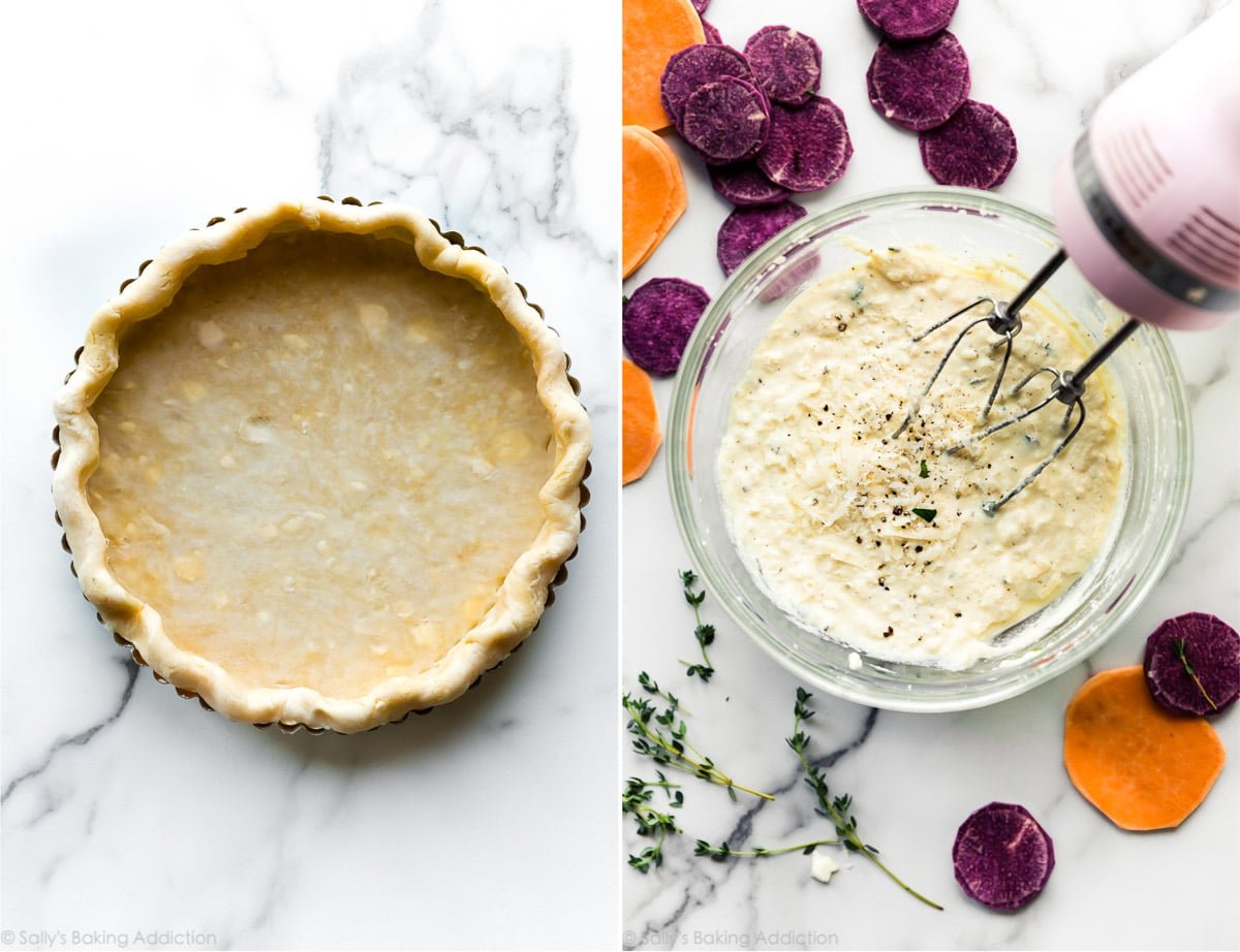 2 images of crust in tart pan and tart filling in a glass bowl
