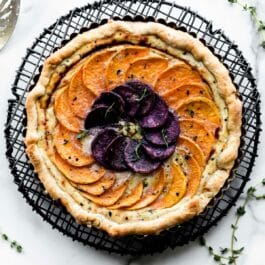 overhead image of vegetable and cheese tart
