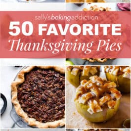 collage of 8 pie images including pumpkin pie, deep dish apple pie, chocolate pecan pie, apple pie baked apples, banoffee pie, and Nutella tart