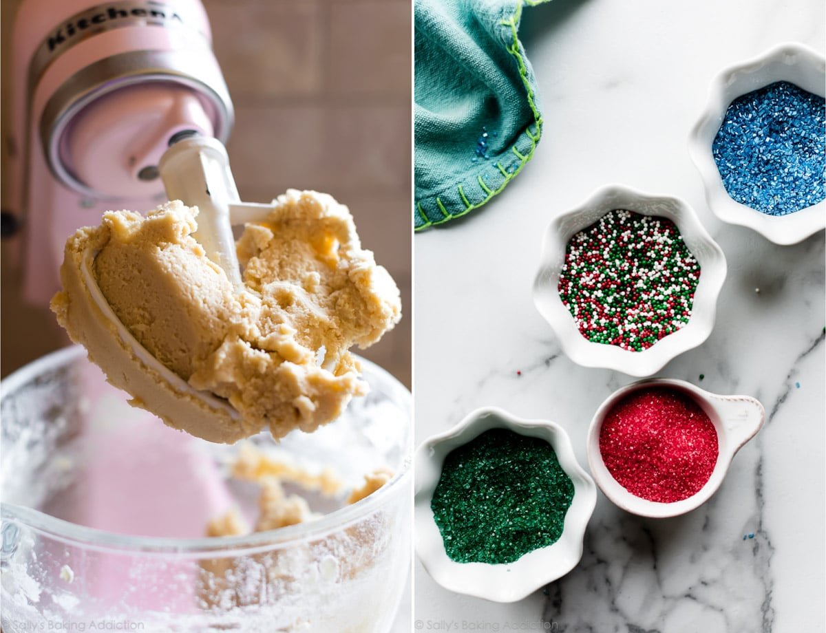 Butter cookie dough and bowls of holiday sprinkles