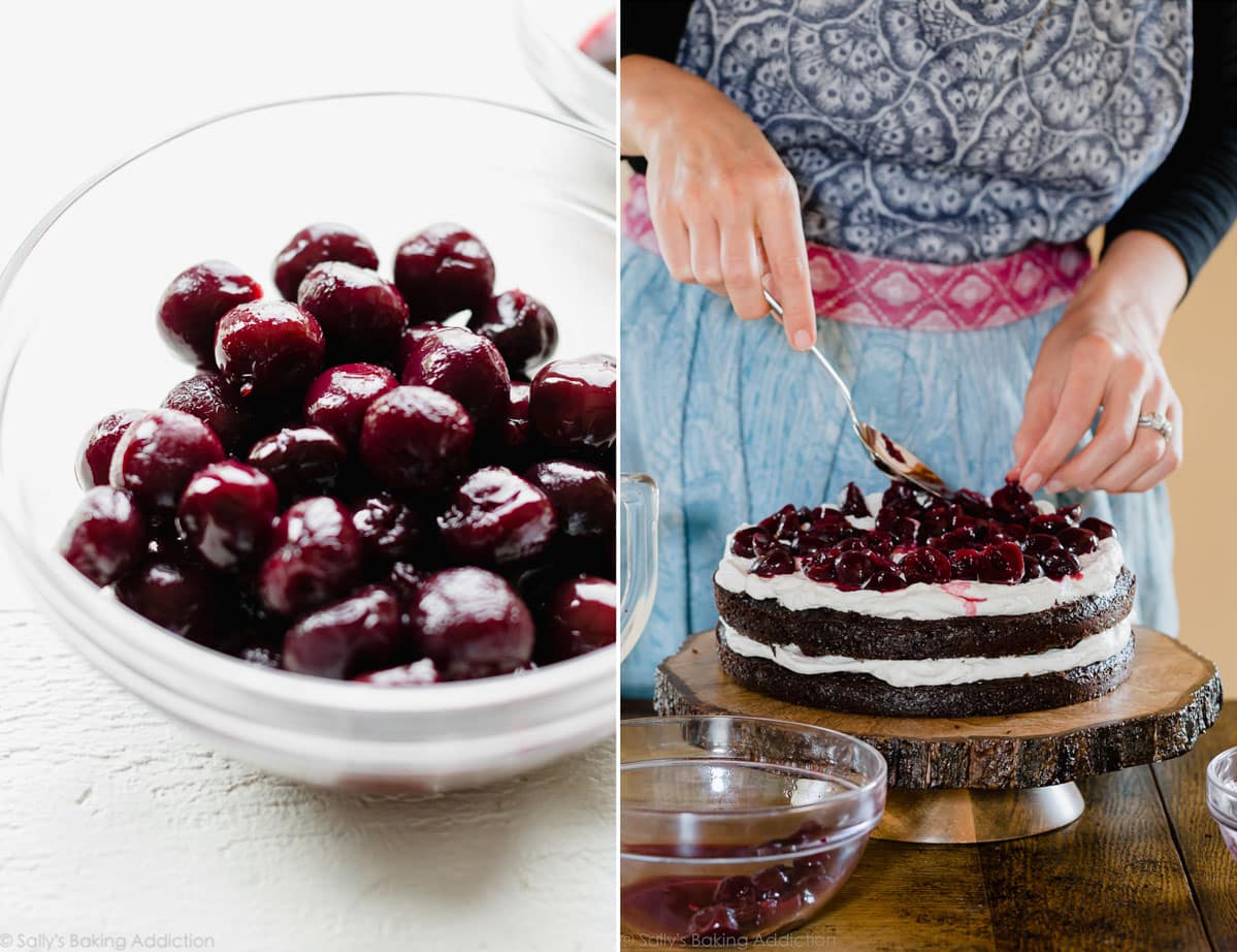 2 images of cherries in a glass bowl and adding cherries to black forest cake