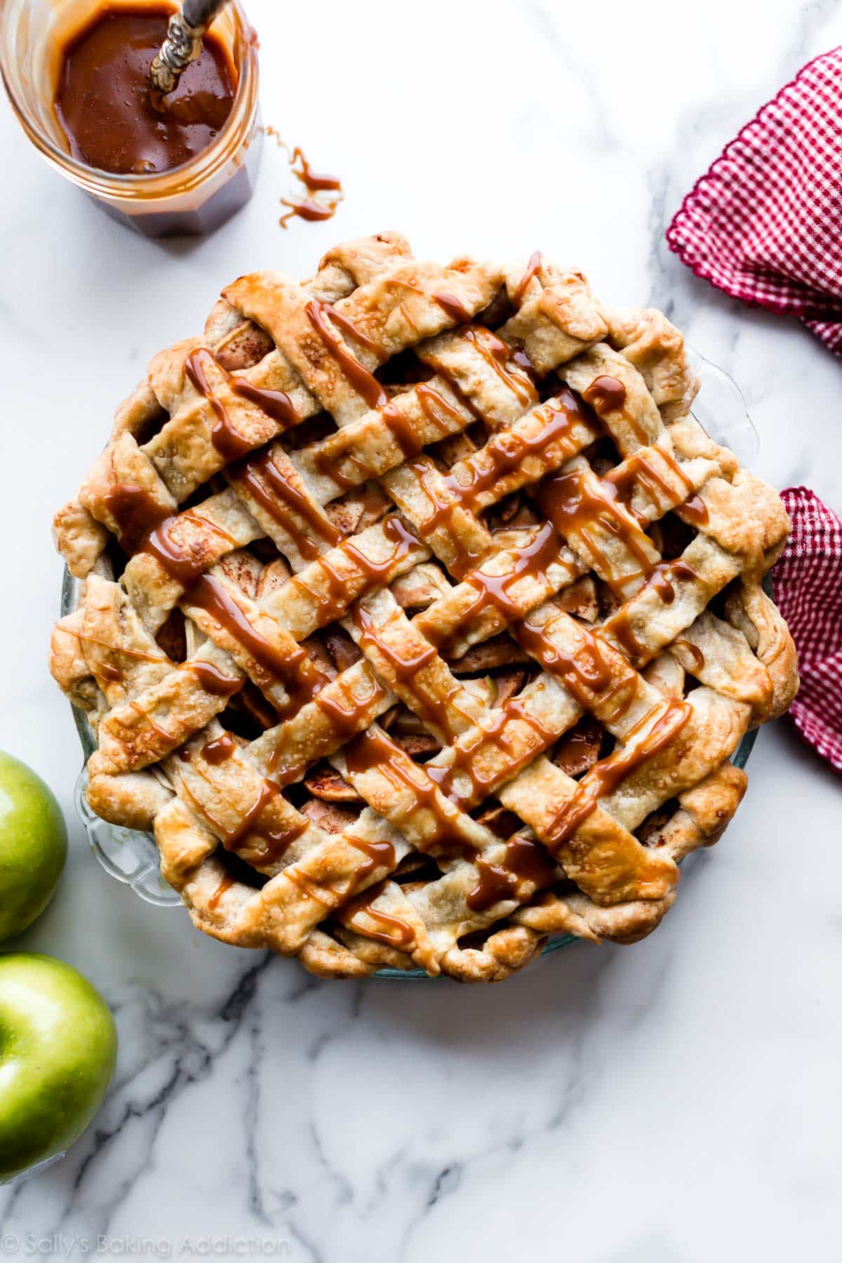 overhead image of salted caramel apple pie