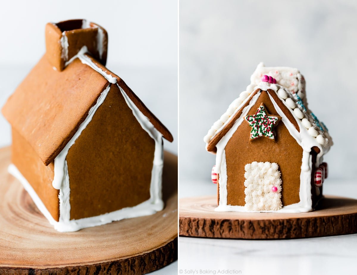 2 images of constructing a gingerbread house and adding frosting to a gingerbread house