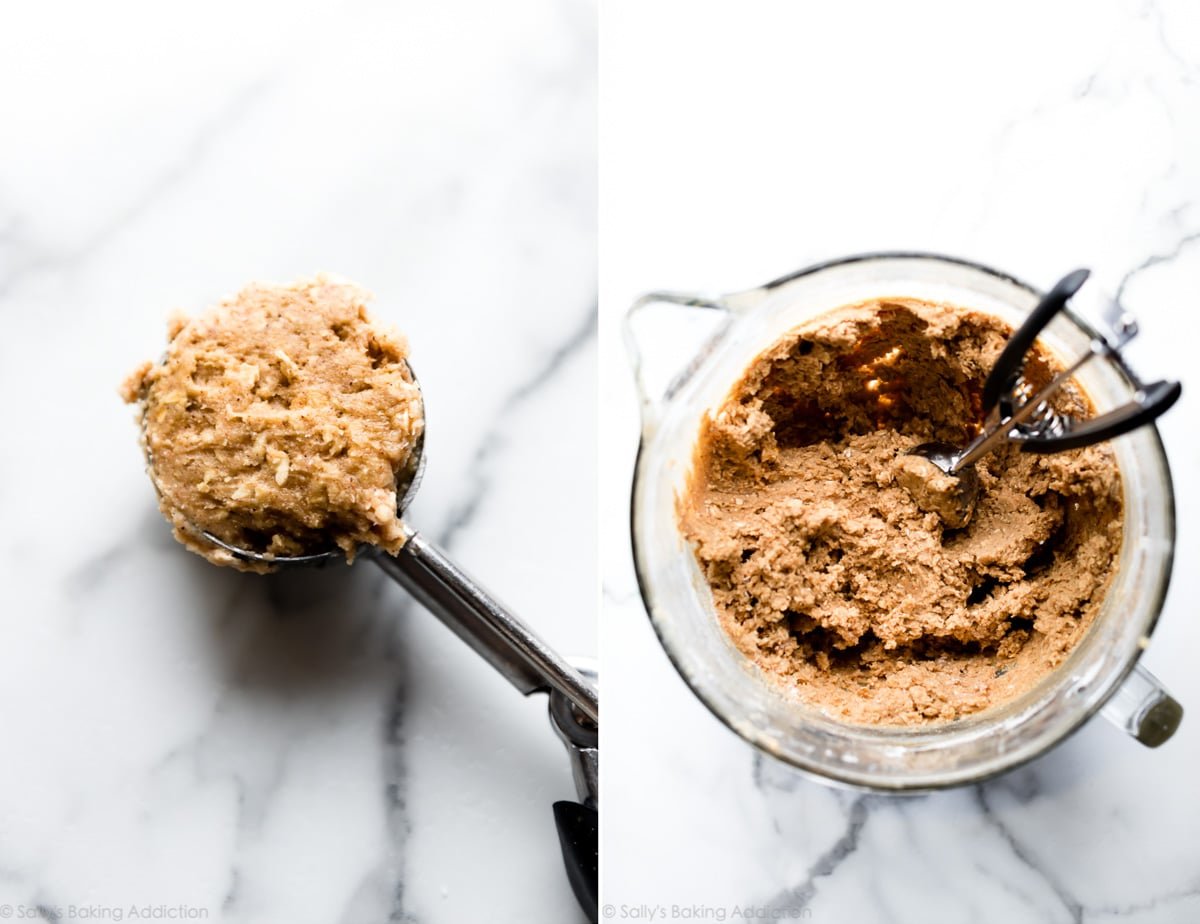 2 images of oatmeal cookie dough in a cookie scoop and oatmeal cookie dough in a glass bowl