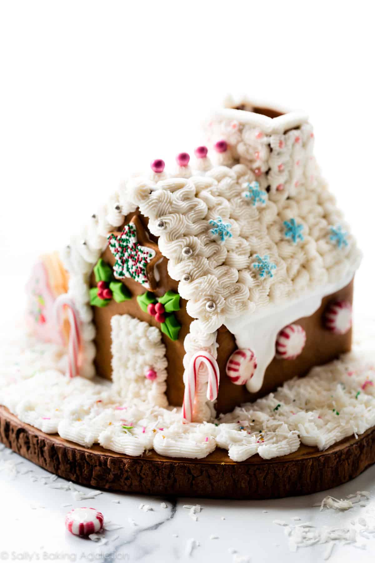 gingerbread house with frosting and decorations