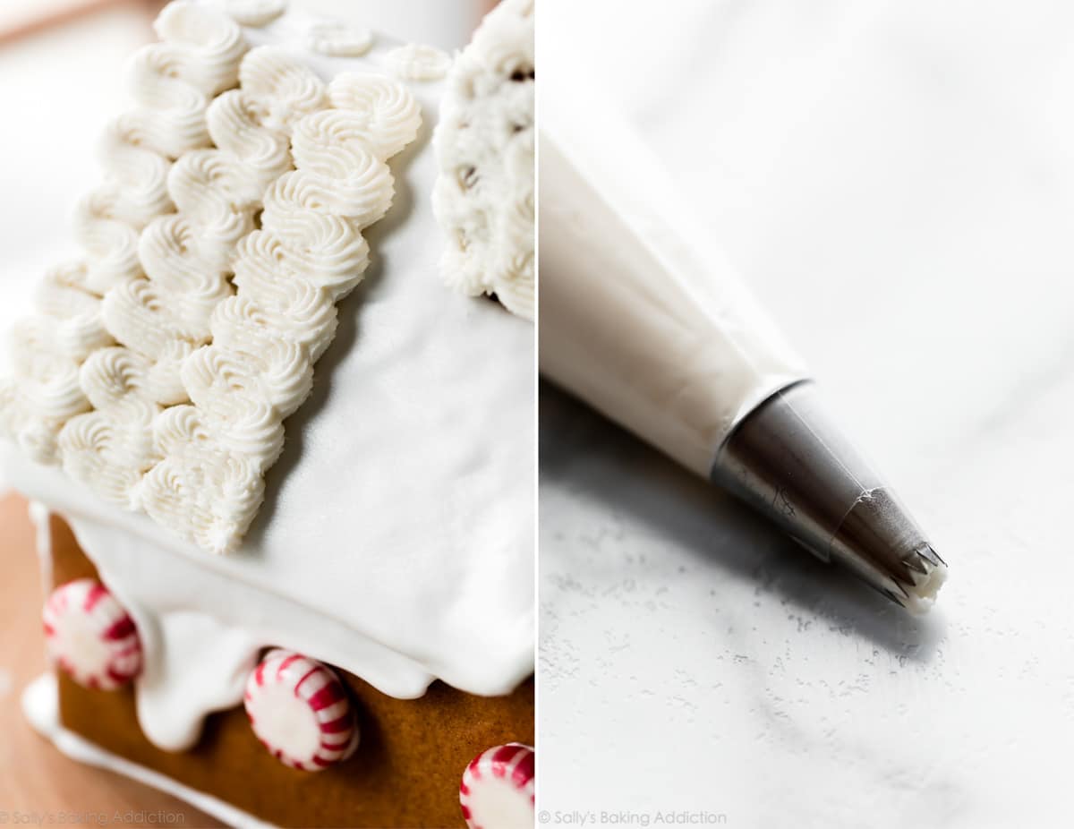 2 images of frosting on gingerbread house roof and frosting in a piping bag