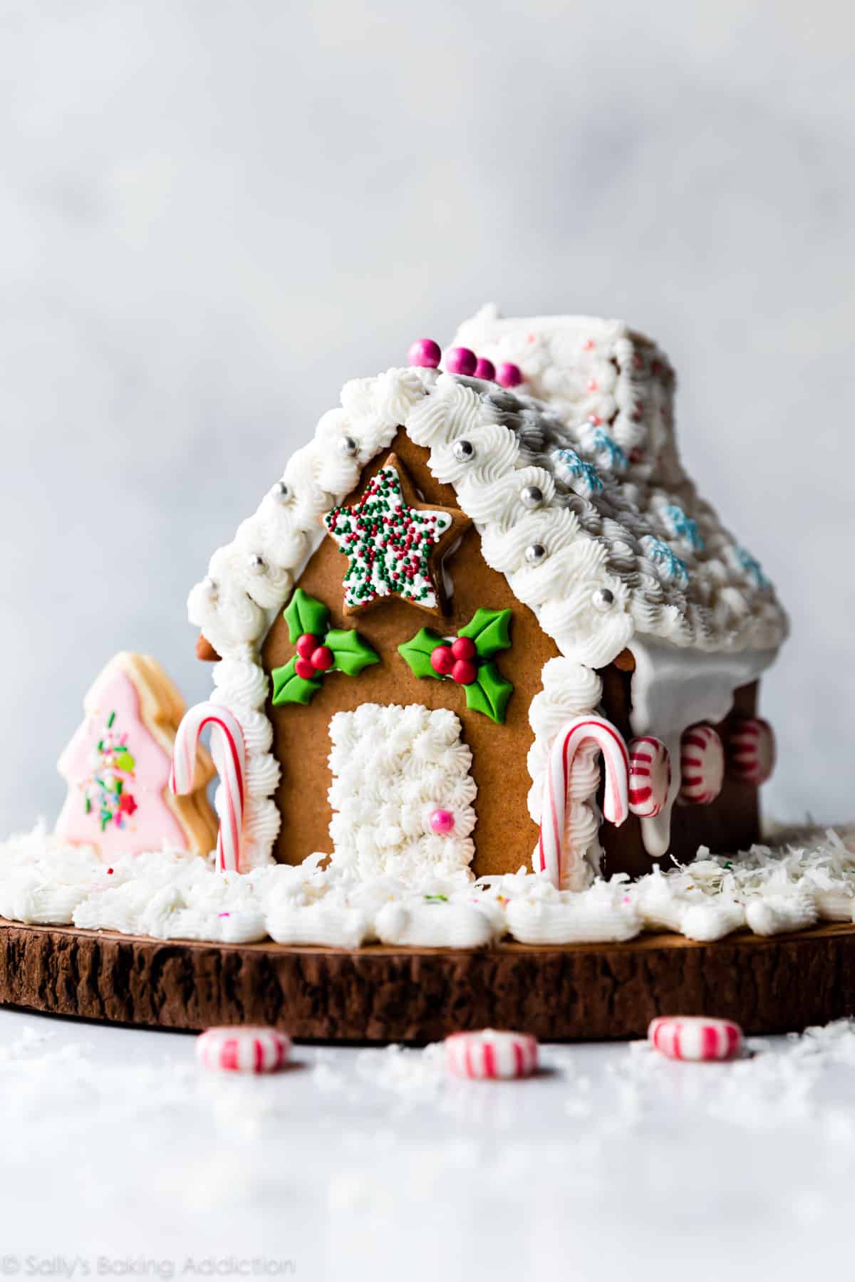 gingerbread house with frosting and decorations