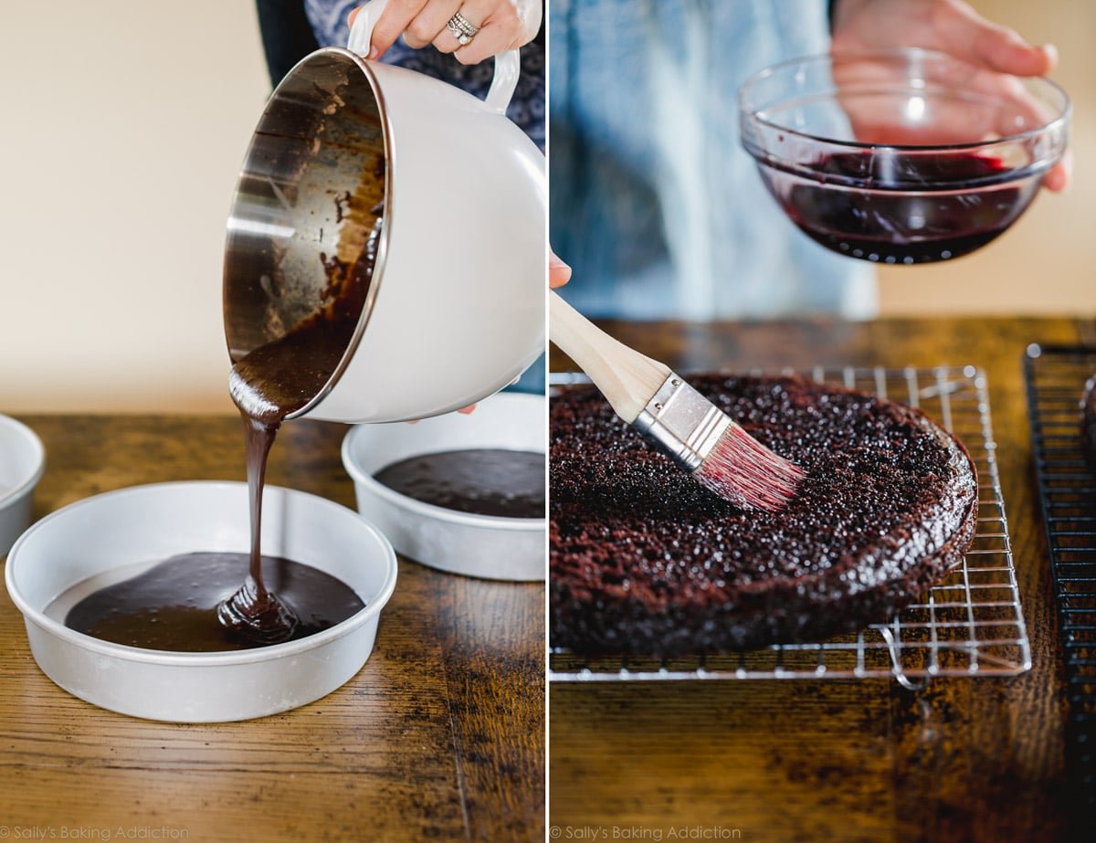 2 images of pouring chocolate cake batter into cake pans and brushing cherry soaking syrup onto cake layers