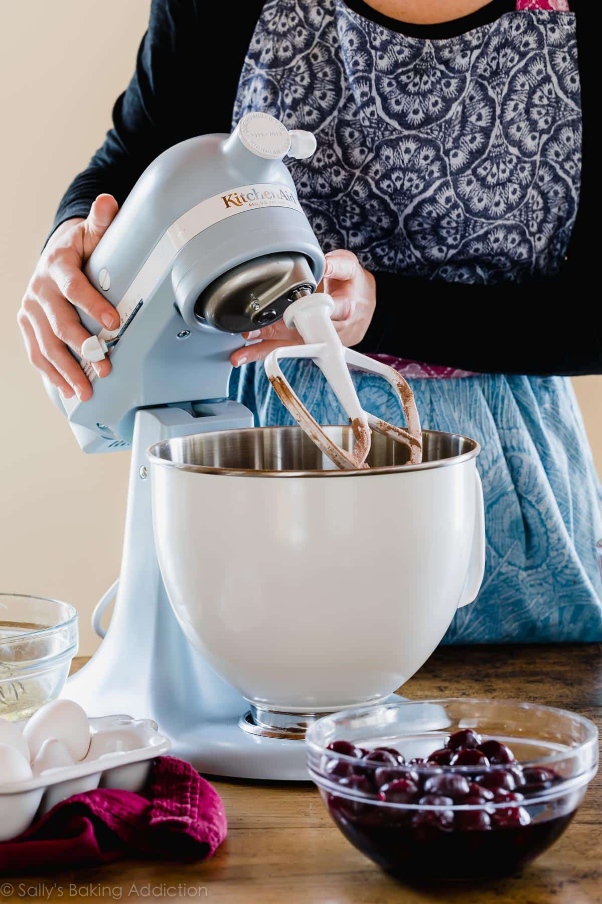Limited Edition KitchenAid Stand Mixer in Misty Blue with chocolate cake batter