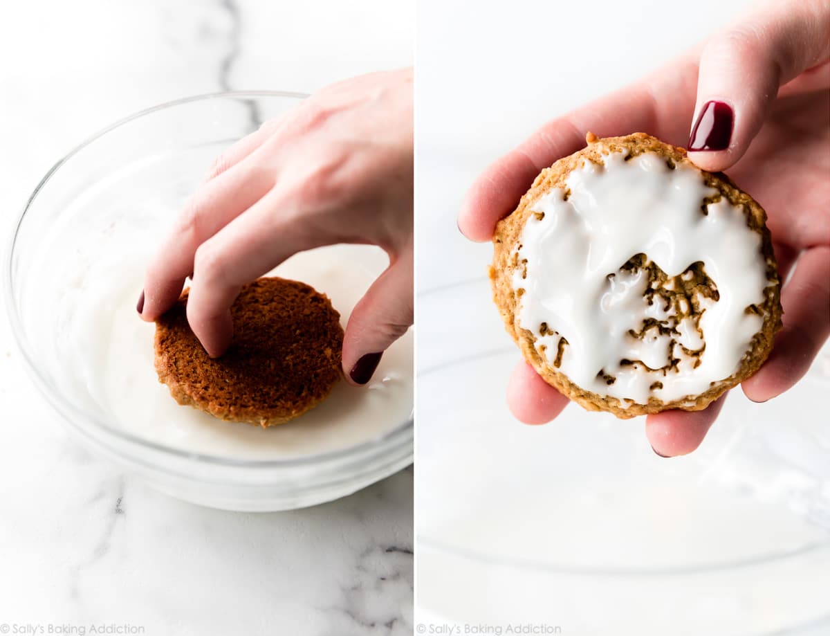 2 images of hands dunking oatmeal cookie into glass bowl of vanilla icing