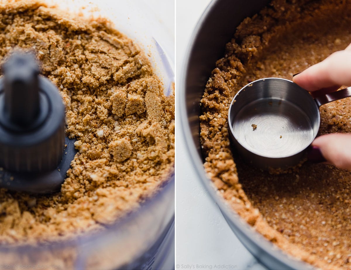 2 images of graham cracker crust mixture in a food processor and pressing crust mixture into a springform pan