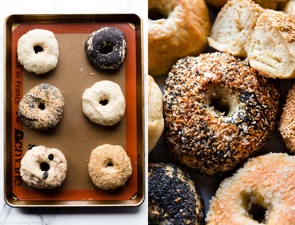 2 images of homemade bagels on a baking sheet before baking and bagels after baking