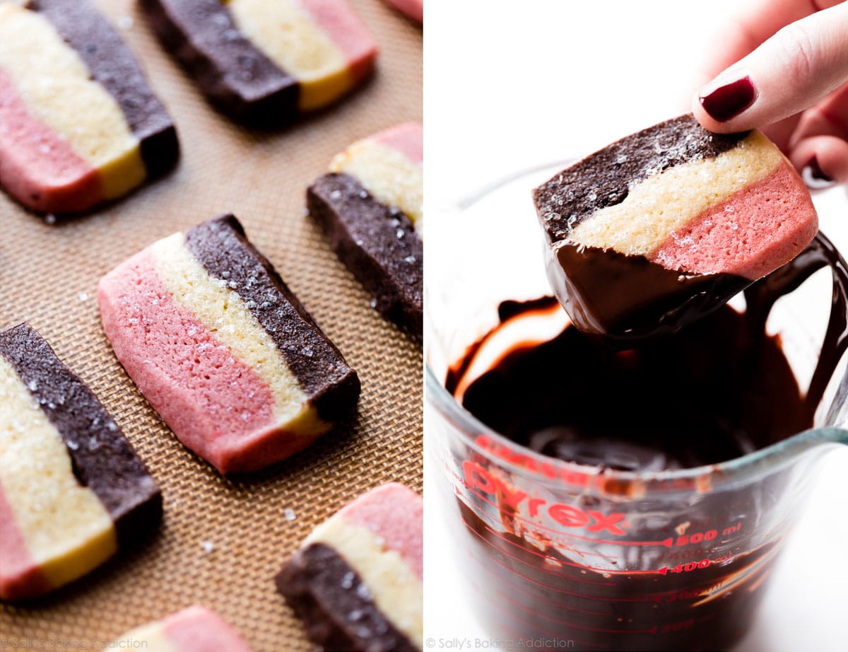 2 images of baked neapolitan cookies on a baking sheet and dipping a cookie into melted chocolate