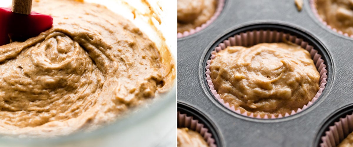 2 images of banana muffin batter in a glass bowl and in a muffin pan