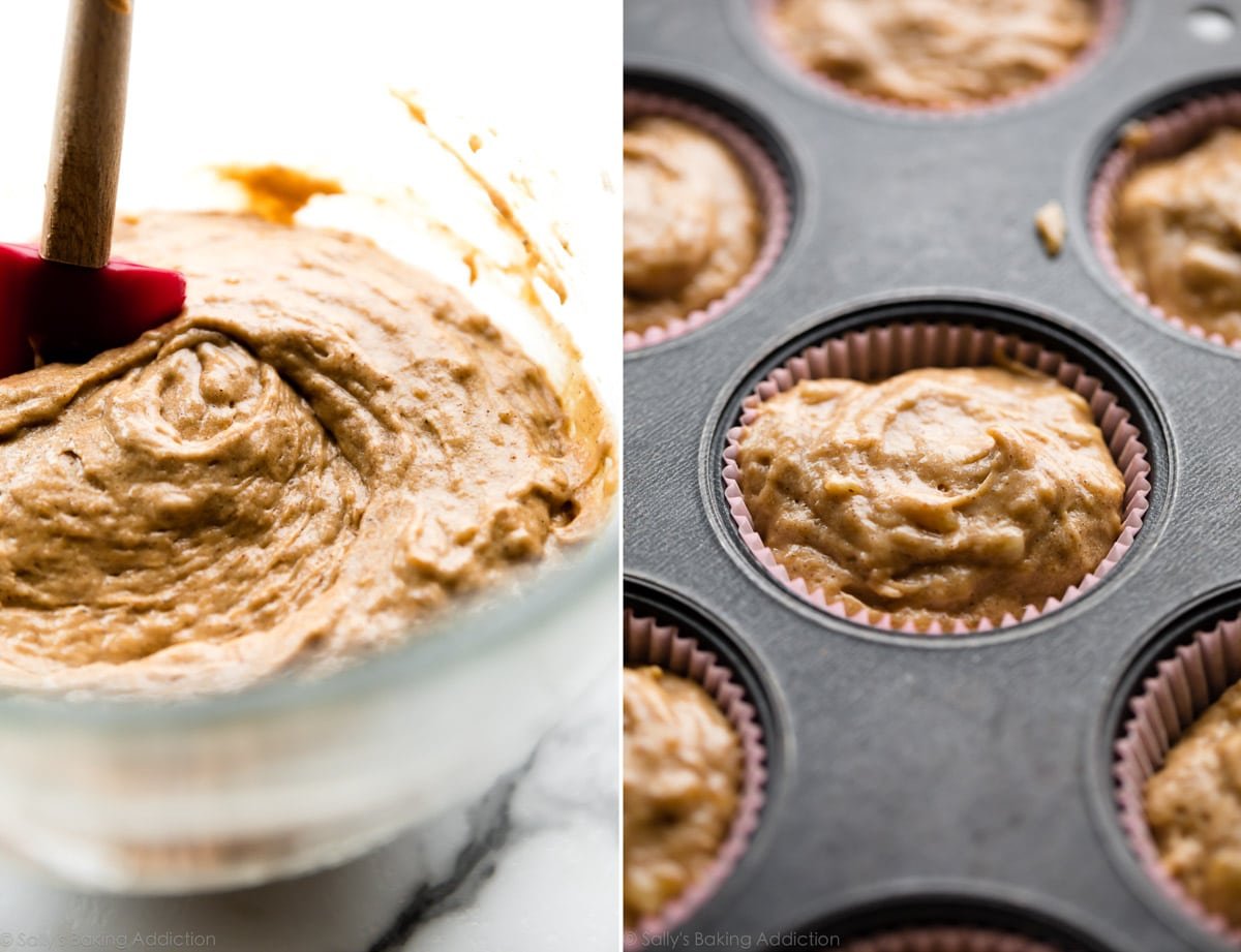 2 images of banana muffin batter in a glass bowl and in a muffin pan
