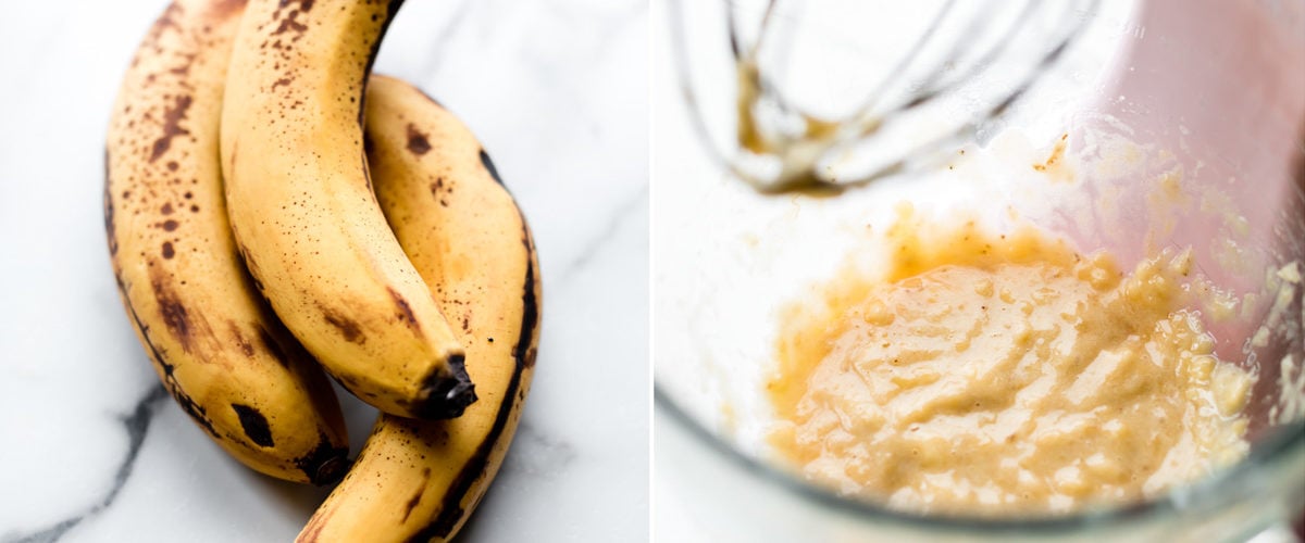 2 images of bananas and mashed bananas in a glass stand mixer bowl