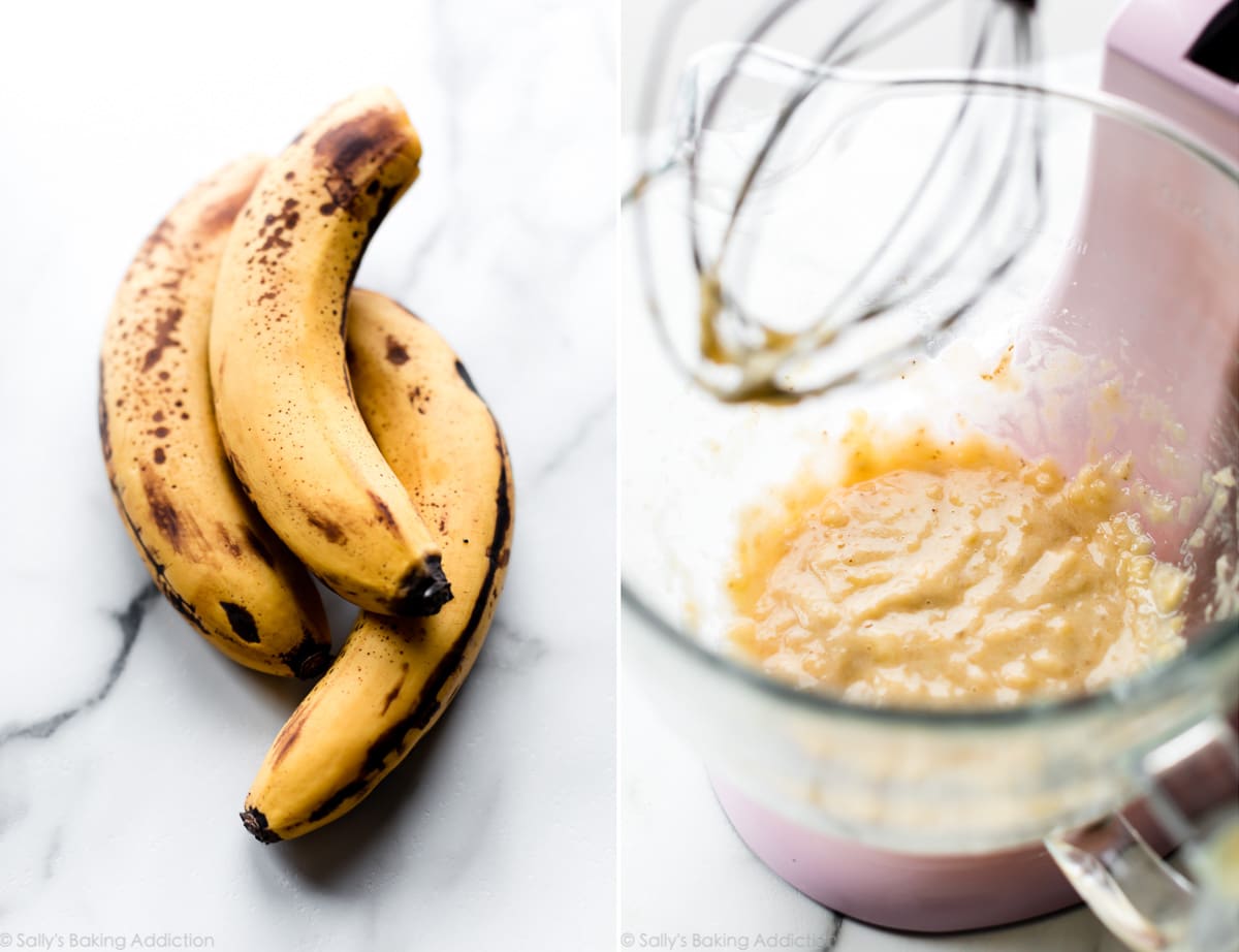 2 images of bananas and mashed bananas in a glass stand mixer bowl
