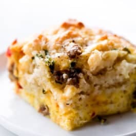 piece of biscuit breakfast casserole on a white plate