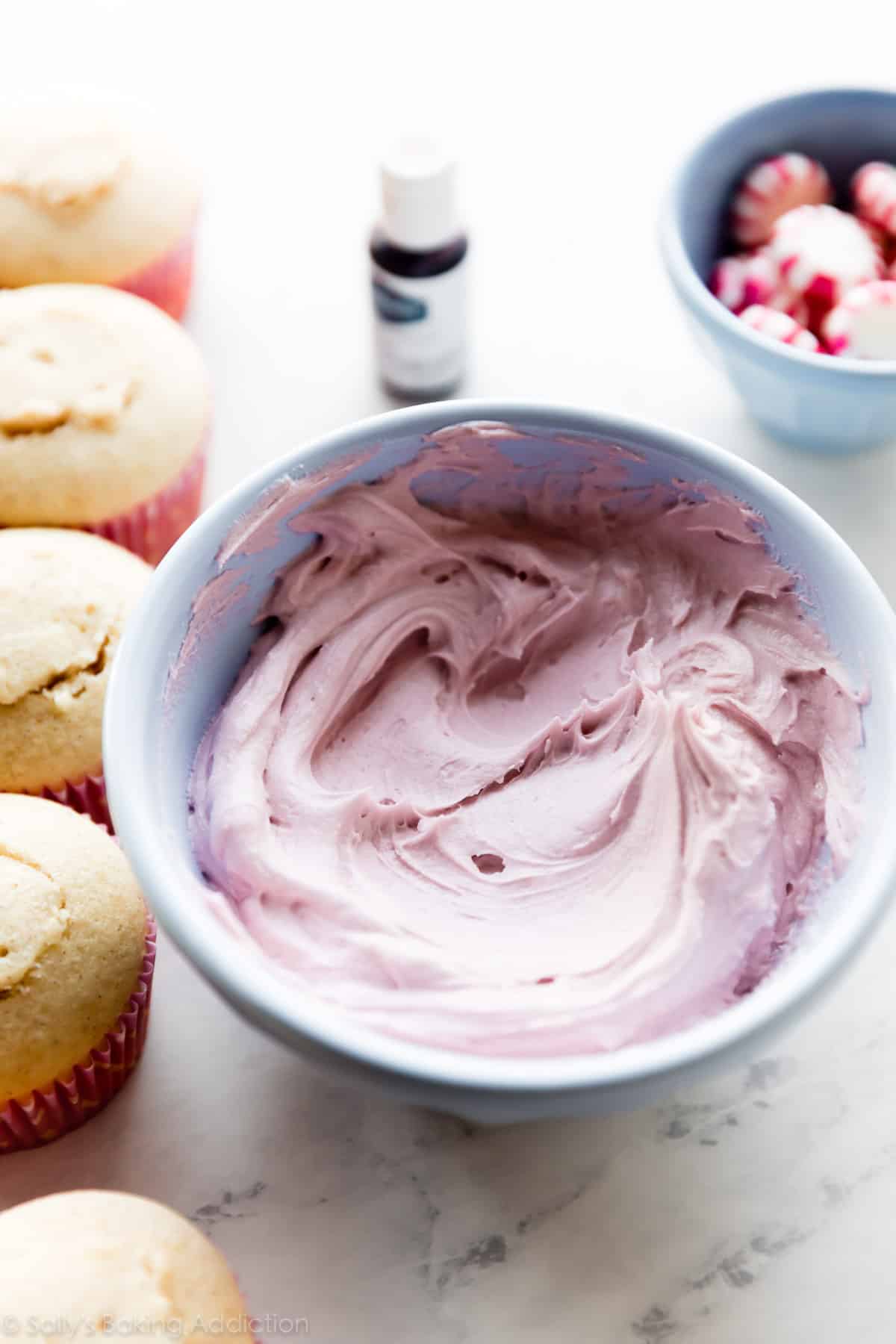 Light purple buttercream in a mixing bowl