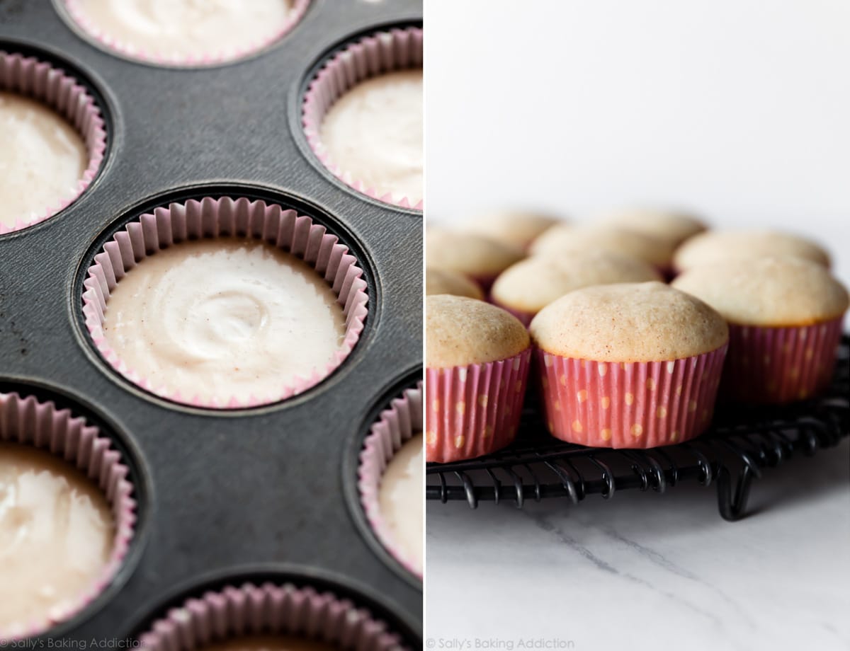 2 images of sugar plum fairy cupcake batter in a cupcake pan and baked cupcakes on a cooling rack