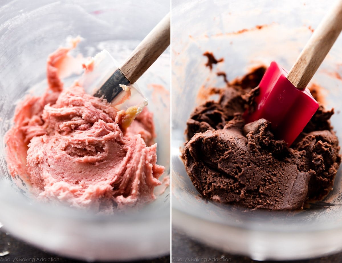 Strawberry and chocolate neapolitan cookie dough in glass bowls