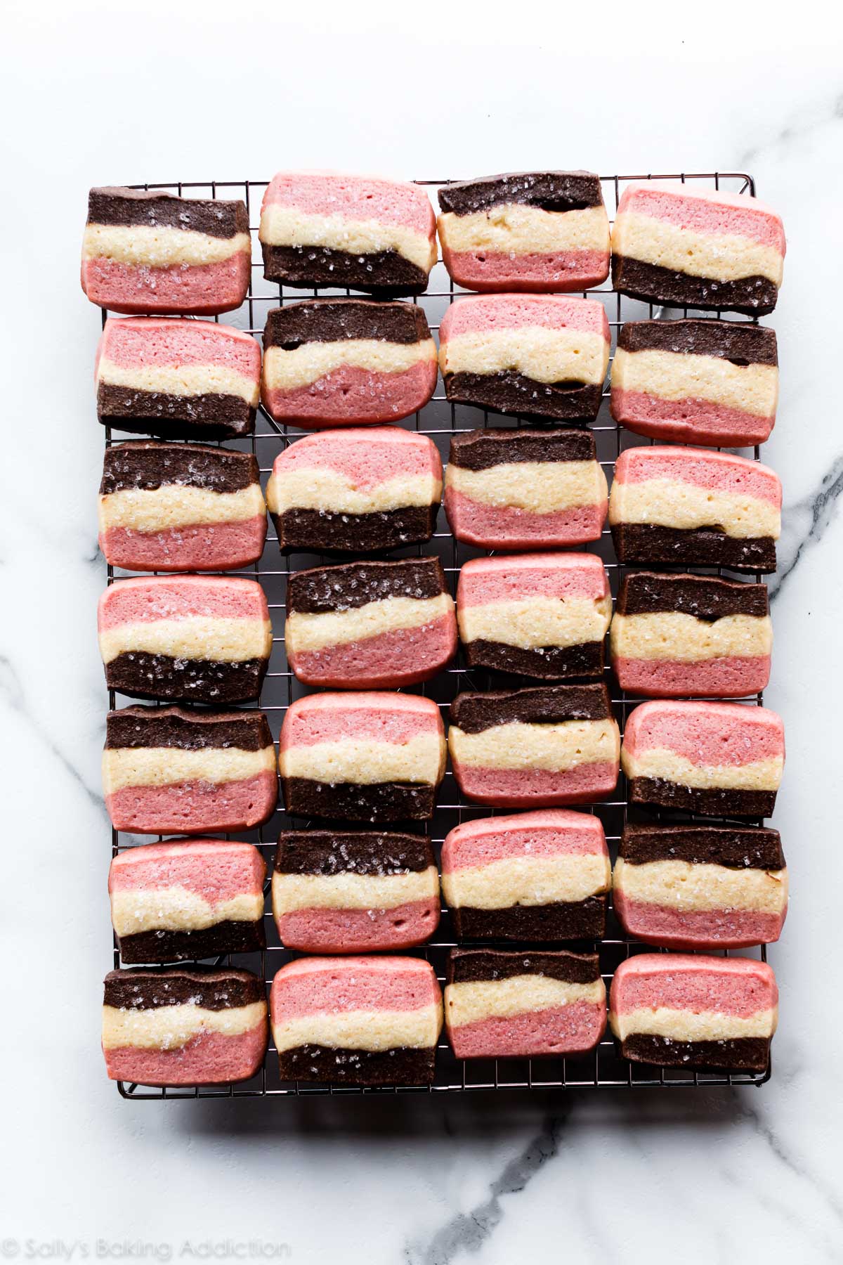 Neapolitan cookies on a cooling rack