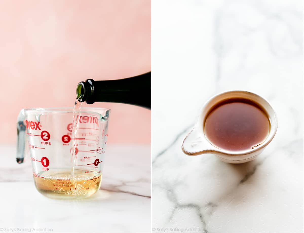 2 images of champagne in a glass measuring cup and reduced champagne in a measuring cup