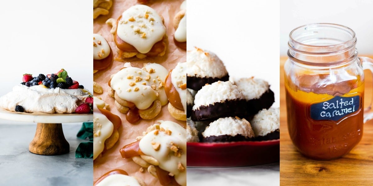 collage of 8 ingredient or less recipes including pavlova, white chocolate caramel cashew clusters, coconut macaroons, and salted caramel