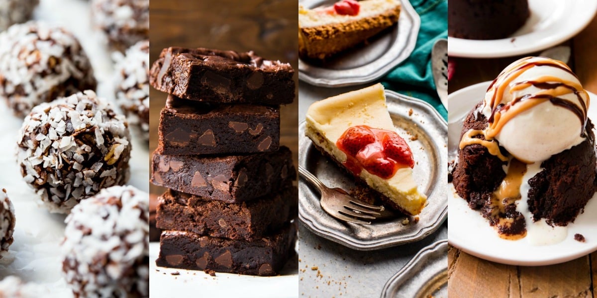 collage of 8 ingredient or less recipes including no bake chocolate coconut snowballs, brownies, small batch cheesecake, and peanut butter lava cakes