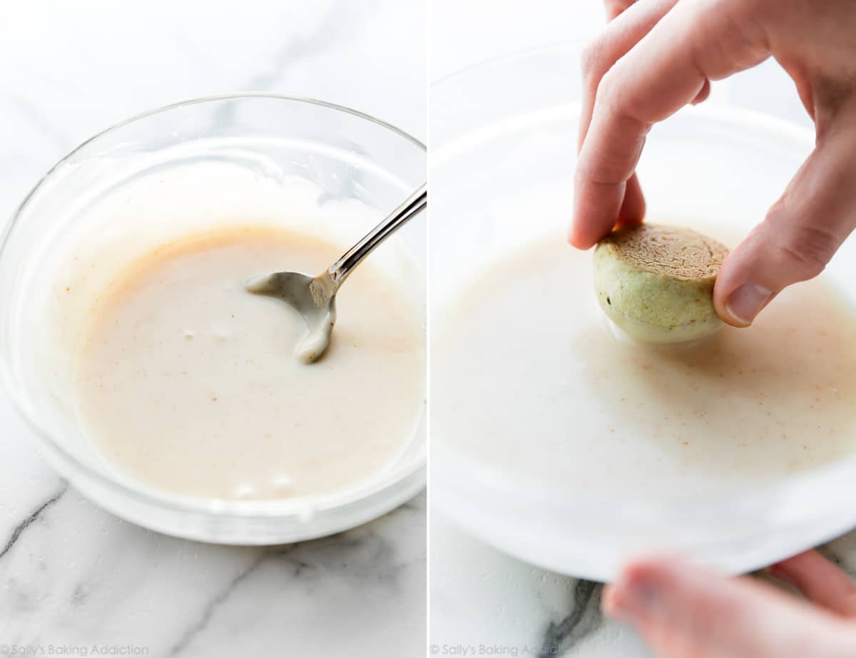 2 images of brown butter icing in a glass bowl and dipping a pistachio cookie into brown butter icing