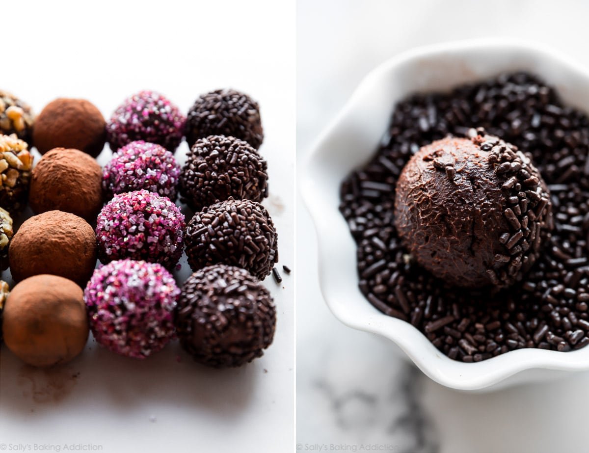 2 images of chocolate truffle balls in various coatings and rolling a truffle in a white bowl of chocolate sprinkles