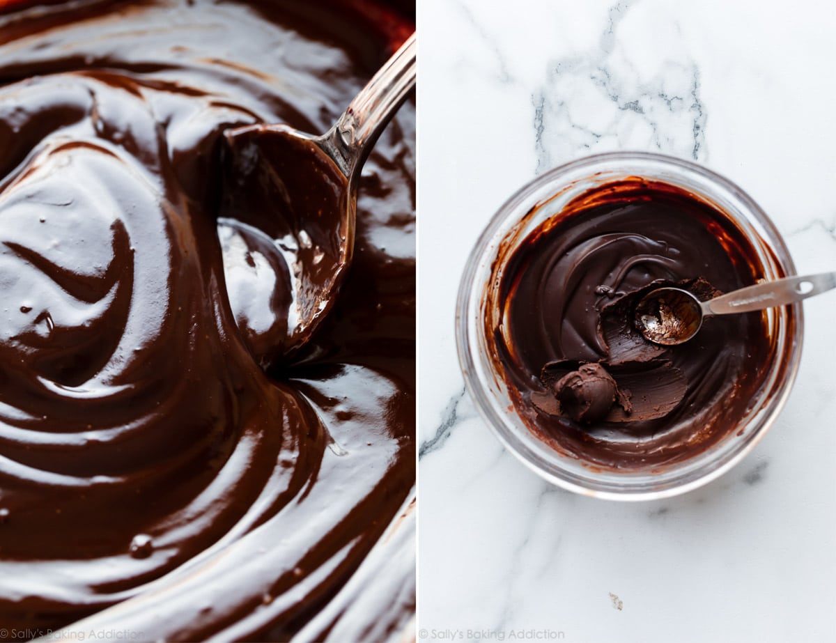 2 images of warm chocolate ganache chilled chocolate ganache in glass bowls