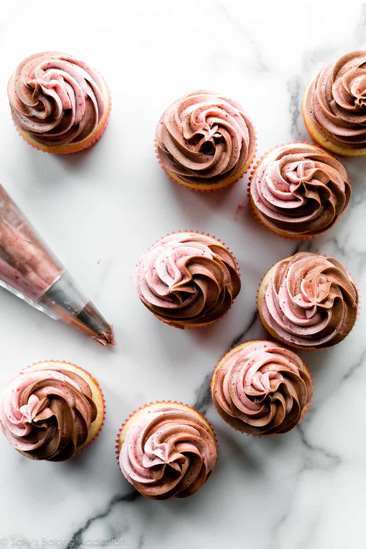 Top view of strawberry Nutella cupcakes
