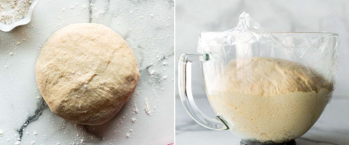 2 images of homemade pizza dough in a ball and rising in a glass bowl on counter