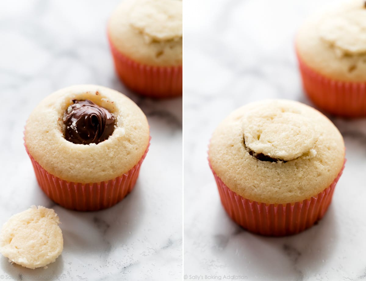 2 images of Nutella filled vanilla cupcakes before frosting