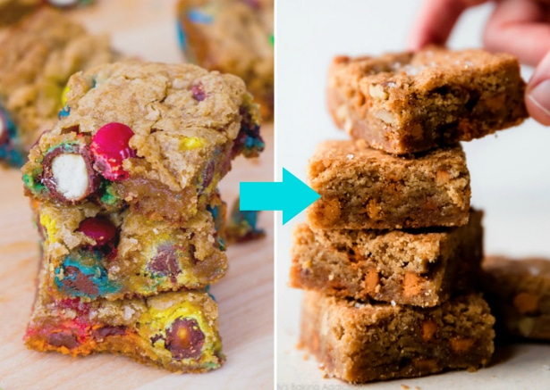 2 images of a stack of candy bar blondies and a stack of butterscotch blondies