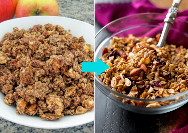 2 images of granola on a plate and in a bowl